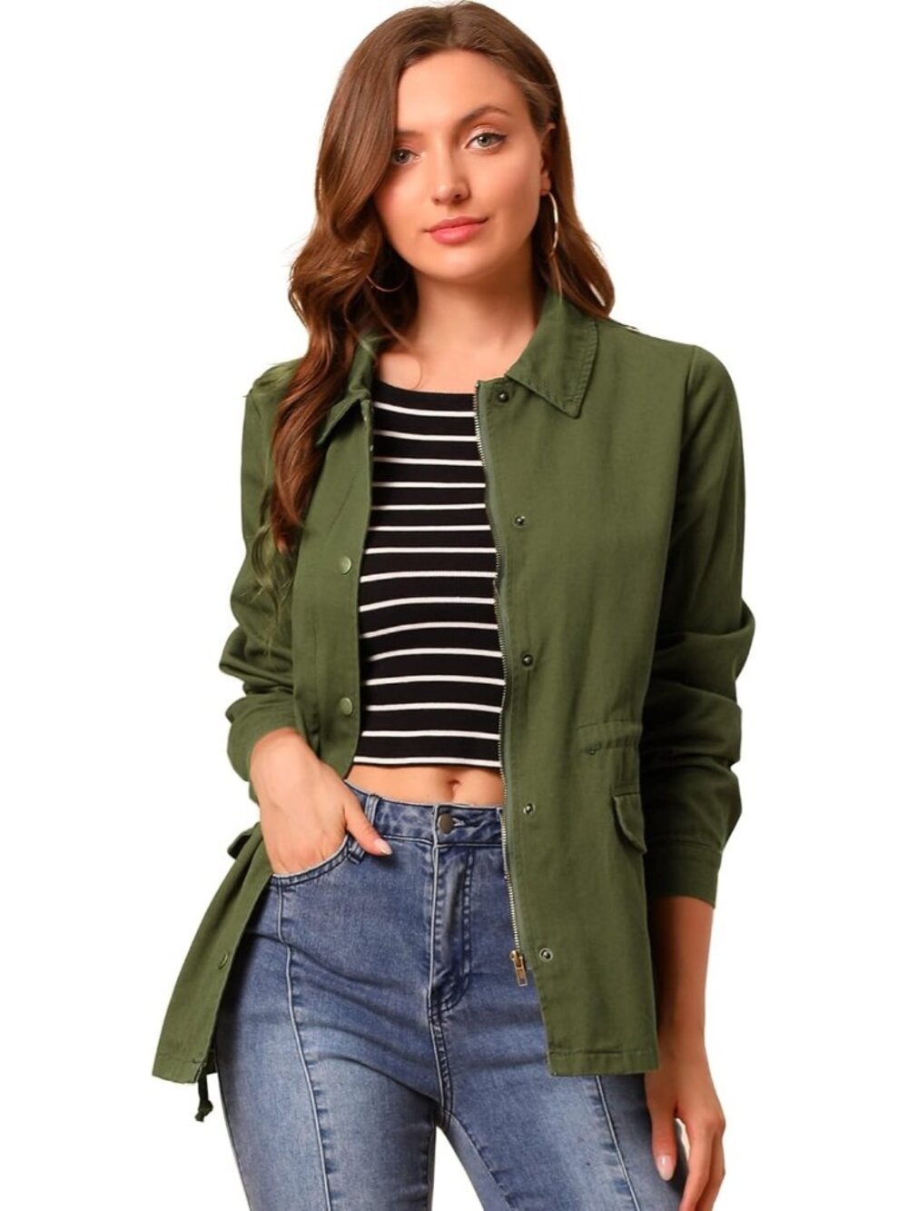 Women's Olive Zip Up Snap Buttons Drawstring Waist Pockets Anorak Utility Jacket